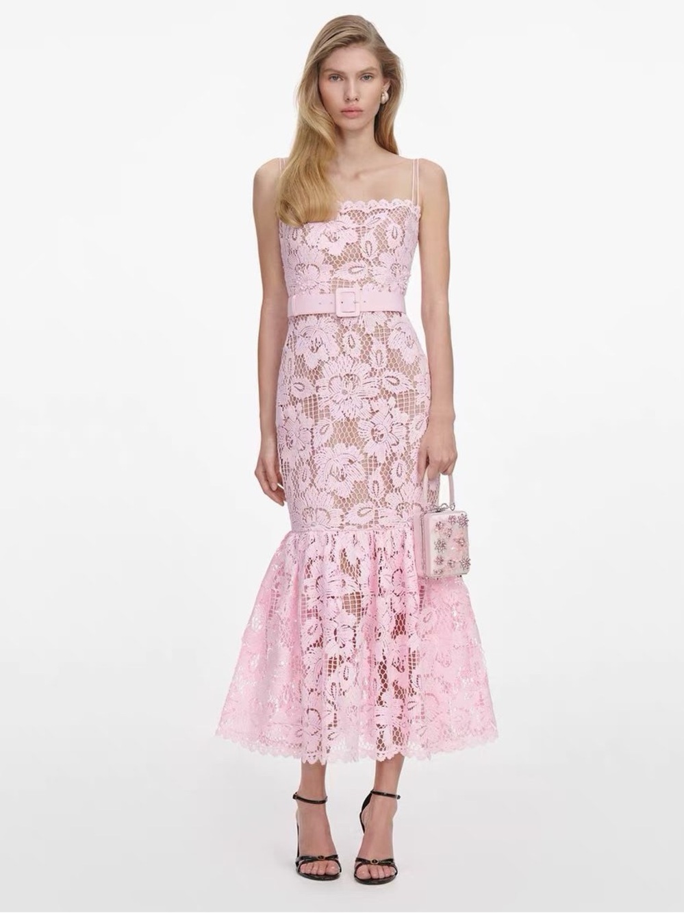 NWOT Self-Portrait Pink Lace Belted Midi Dress with Ruffled Hem, Size US 6